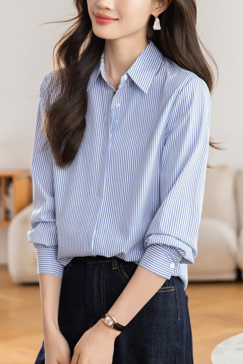 실사 미니멀리즘 스트라이프 셔츠 여성 긴 소매 2026 봄 가을 새로운 이미지 7