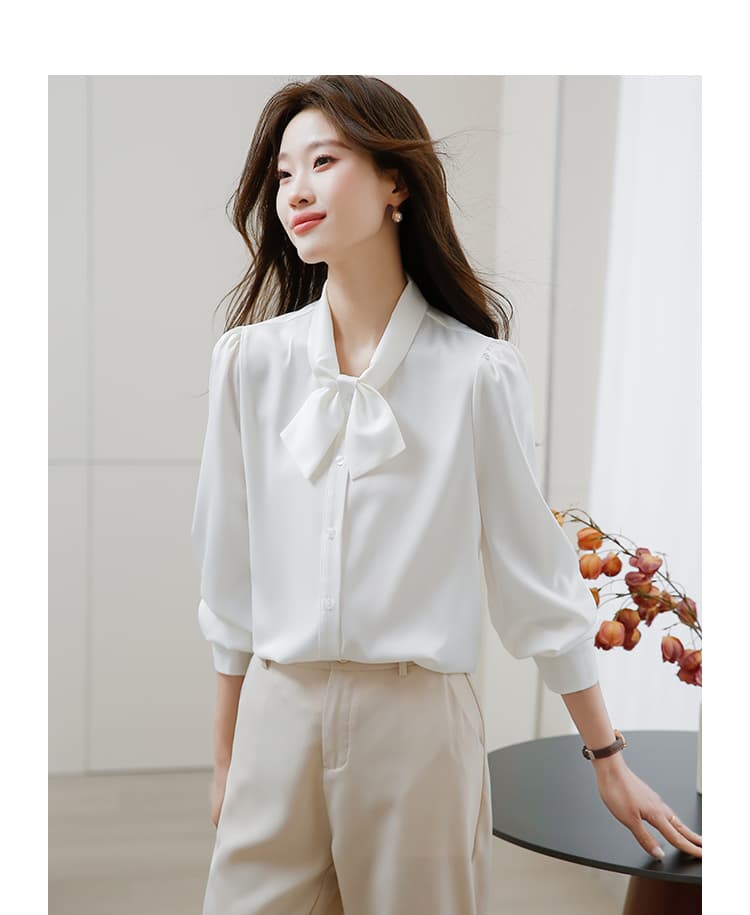 실사 화이트 나비 매듭 여성 셔츠 봄 가을 2026 새로운 패션 리본 맨위 경력 긴팔 셔츠 상세 이미지 3