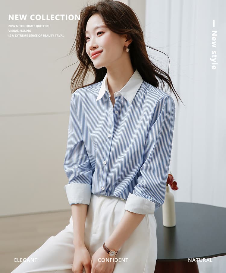 실사 배색 스트라이프 셔츠 여성 긴 소매 2026 가을 새로운 패션 품격 포함 면 맨위 상세 이미지 1