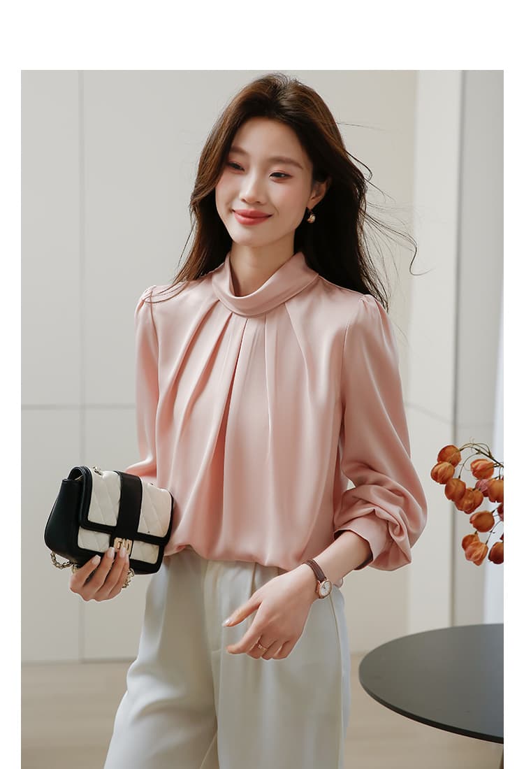 실사 풀오버 셔츠 여성 긴 소매 2026 봄 새로운 우아함 품격 단색 아세트산 새틴 셔츠 상세 이미지 14