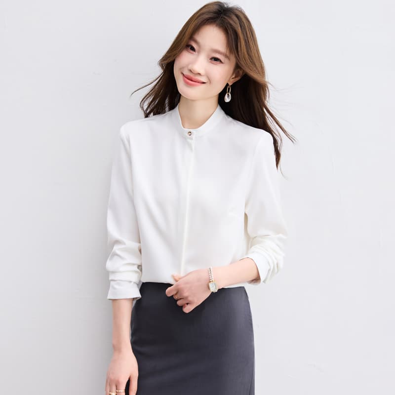 실사 품격 스탠드 칼라 여성 셔츠 디자인 센스 작은 대중 2026 새로운 봄 가을 고급 센스 경력 흰 셔츠 이미지 5