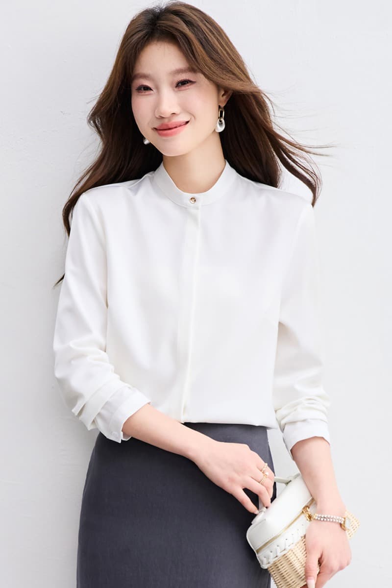 실사 품격 스탠드 칼라 여성 셔츠 디자인 센스 작은 대중 2026 새로운 봄 가을 고급 센스 경력 흰 셔츠 이미지 7