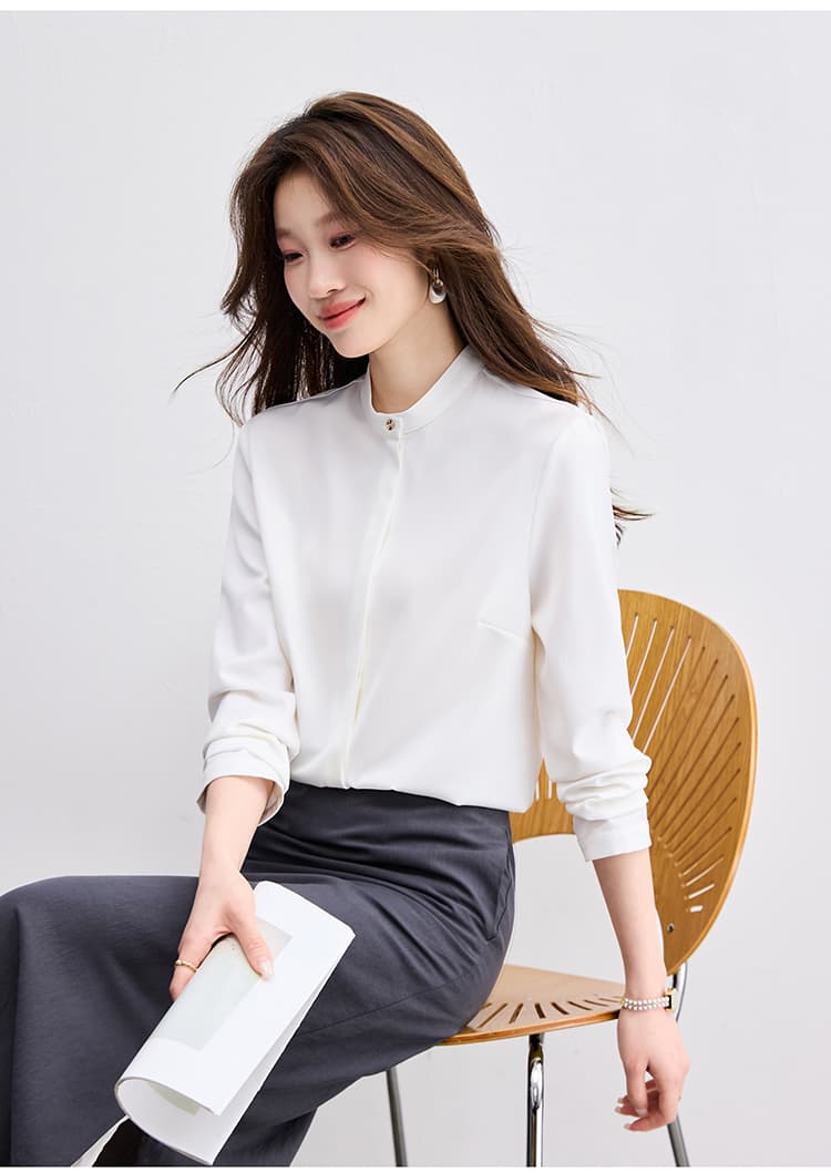 실사 품격 스탠드 칼라 여성 셔츠 디자인 센스 작은 대중 2026 새로운 봄 가을 고급 센스 경력 흰 셔츠 상세 이미지 20