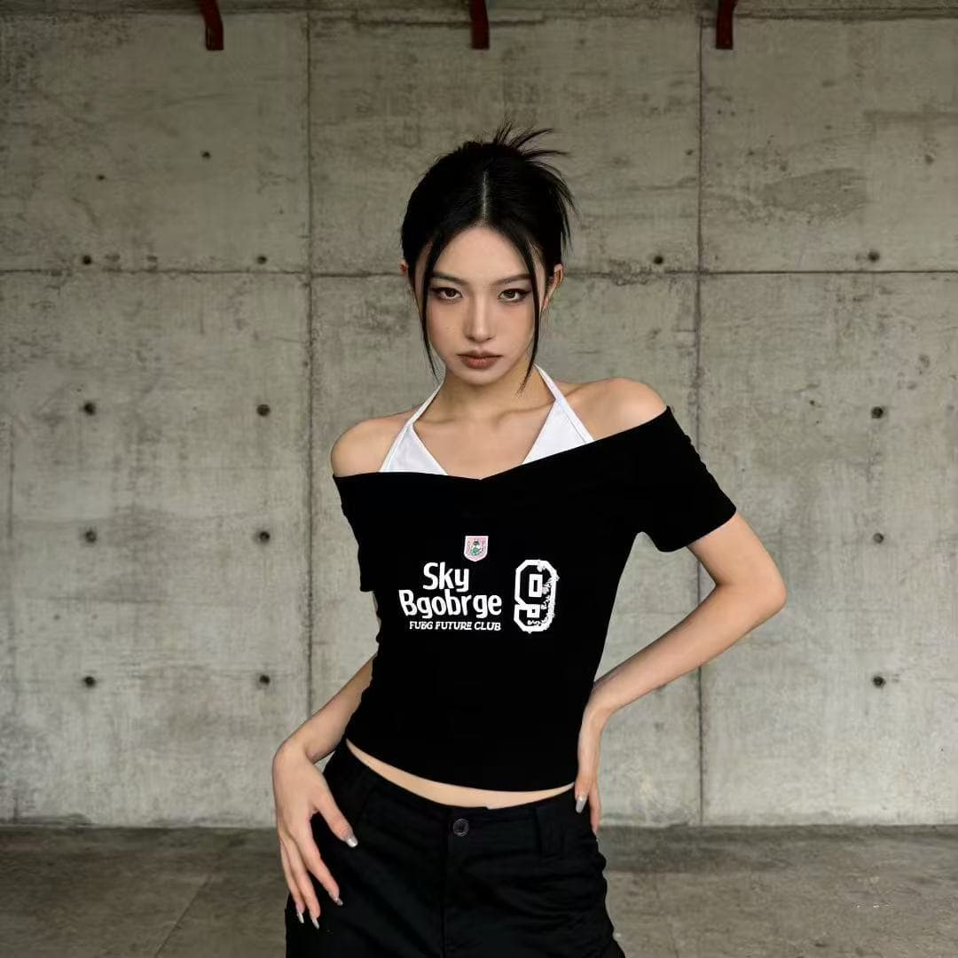 아메리칸 핫걸 알파벳 프린트 반팔 티셔츠 여성 여름 슬림해 보이는 페이크 레이어드 슬립 쇼트 스타일 맨위 상세 이미지 3