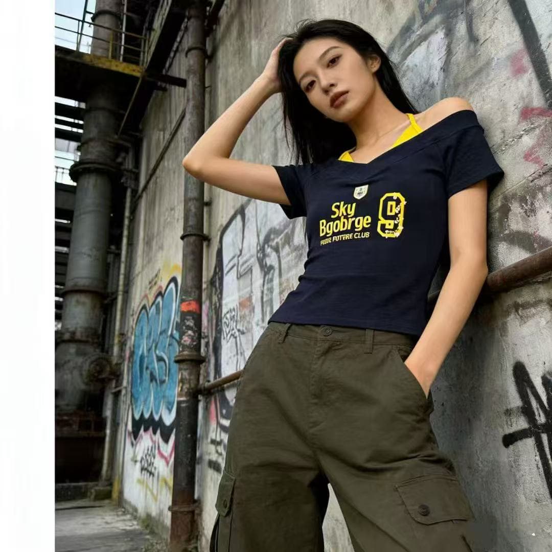 아메리칸 핫걸 알파벳 프린트 반팔 티셔츠 여성 여름 슬림해 보이는 페이크 레이어드 슬립 쇼트 스타일 맨위 상세 이미지 5