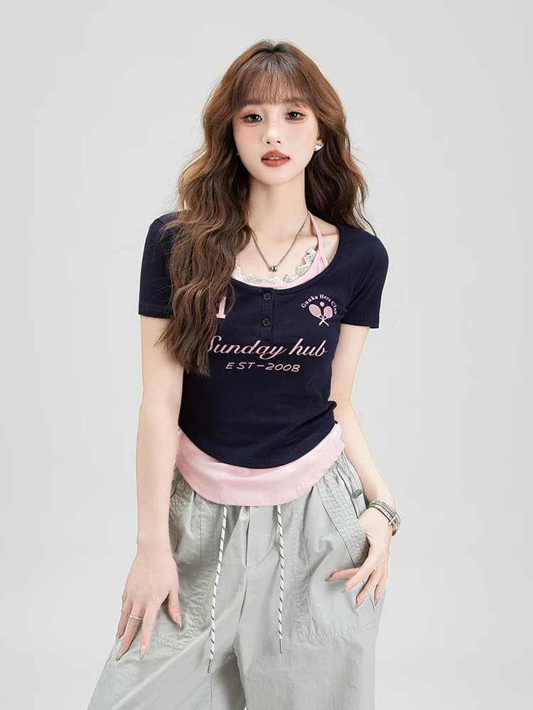 아메리칸 레트로 알파벳 프린트 반팔 티셔츠 여성 여름 새로운 페이크 레이어드 레이스 조각 행침 목 캐주얼 맨위