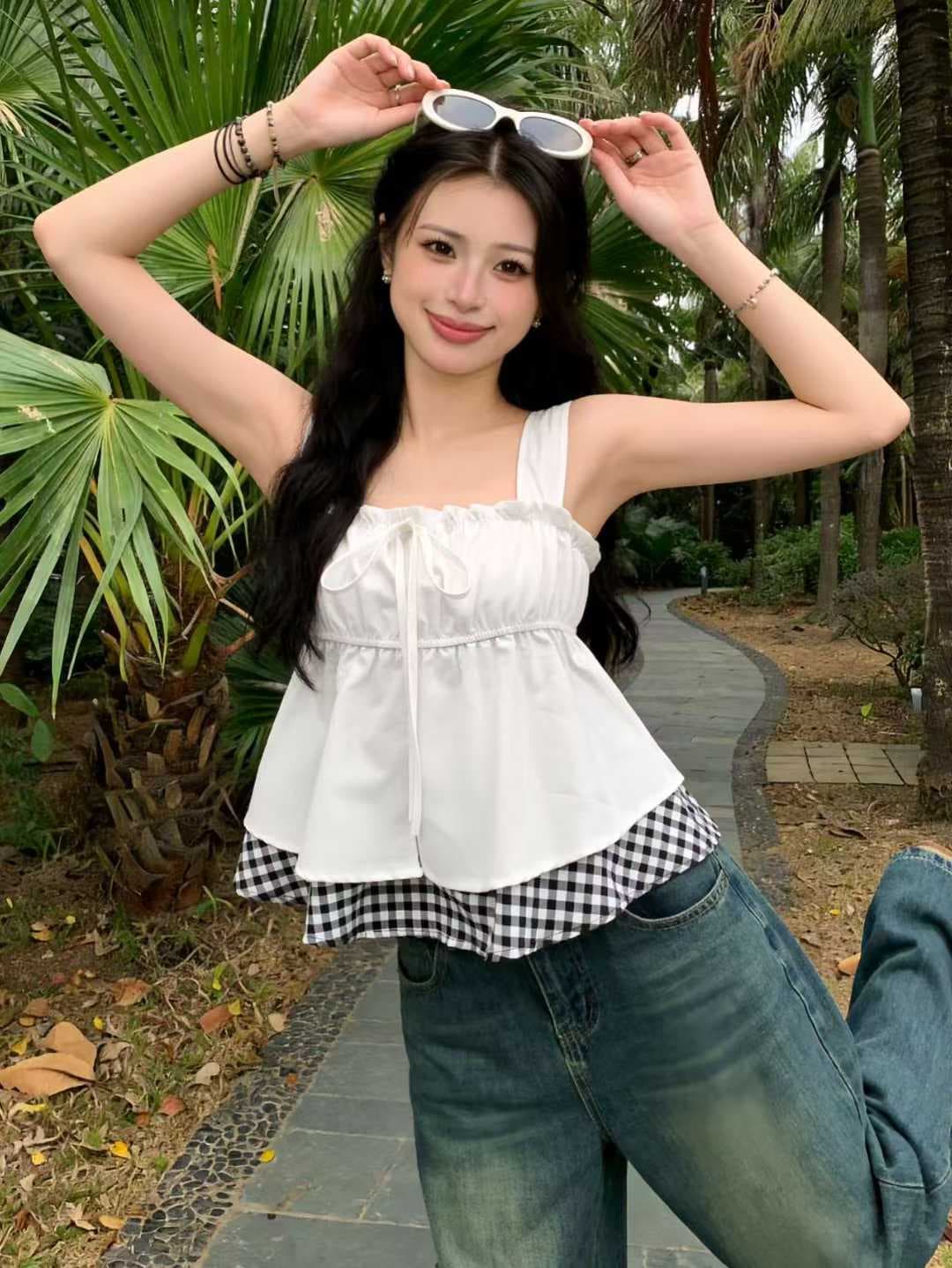 발레 바람 프릴 허리 수축 슬립 작은 셔츠 순수한 욕망 바람 부드러운 캐주얼 루즈핏 민소매 맨위 이미지 2