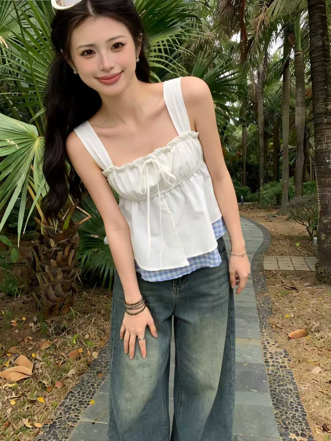 발레 바람 프릴 허리 수축 슬립 작은 셔츠 순수한 욕망 바람 부드러운 캐주얼 루즈핏 민소매 맨위 이미지 4