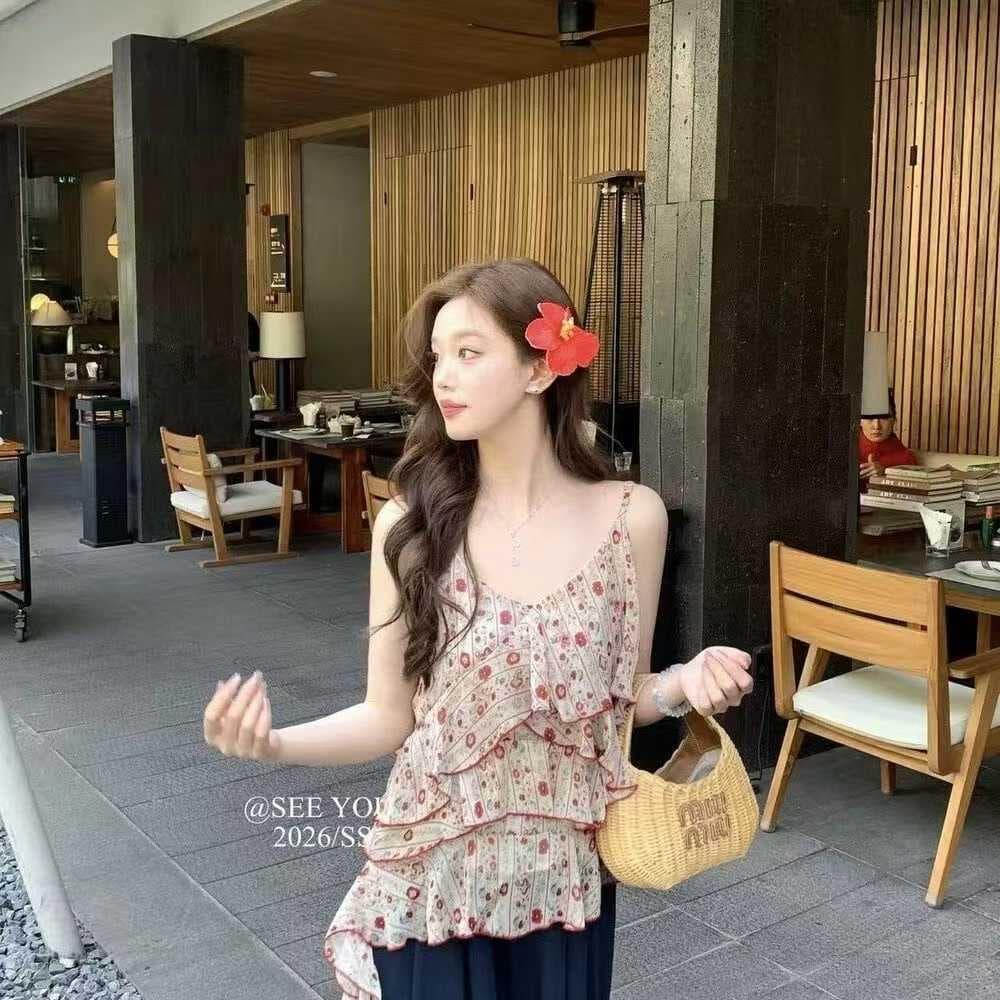 불규칙 프릴 빨간색 꽃무늬 슬립 여성 여름 분위기 센스 표지 고기 슬림해 보이는 민소매 맨위 상세 이미지 2