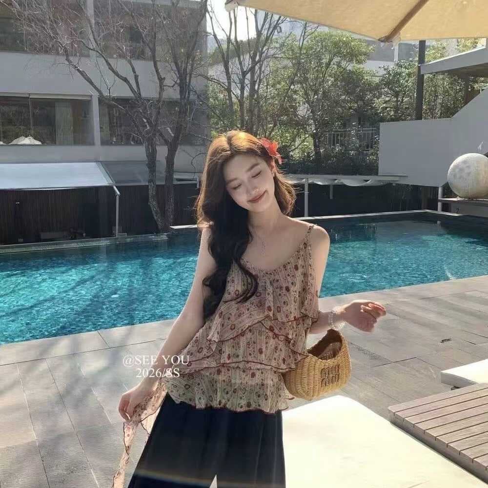 불규칙 프릴 빨간색 꽃무늬 슬립 여성 여름 분위기 센스 표지 고기 슬림해 보이는 민소매 맨위 상세 이미지 3