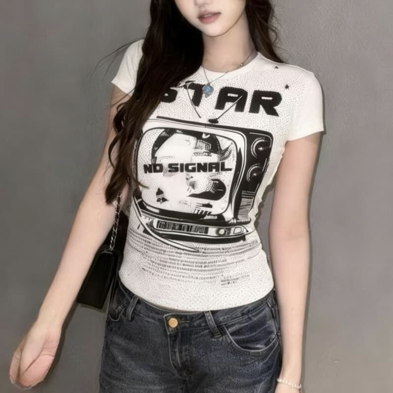 아메리칸 거리 핫걸 허리 수축 몸매 가꾸기 웃음 하 프린트 반팔 잘 생긴 차가운 여성 다용도 슬림해 보이는 맨위 트렌디 상세 이미지 2