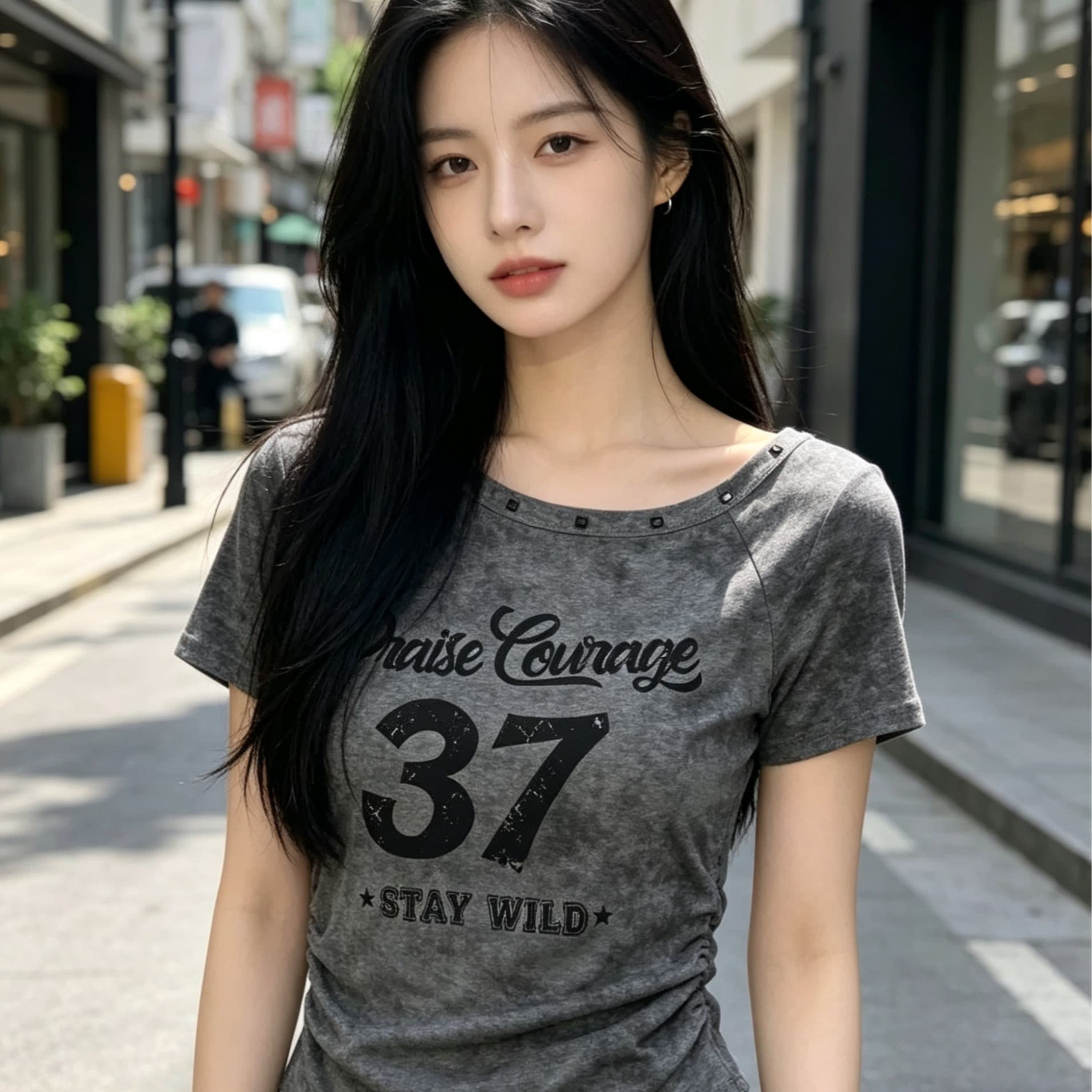 한국 스타일 홀치기 염색 오프숄더 반팔 티셔츠 여성 2025 여름 새로운 핫걸 몸매 가꾸기 슬림해 보이는 오프숄더 맨위 이미지 5