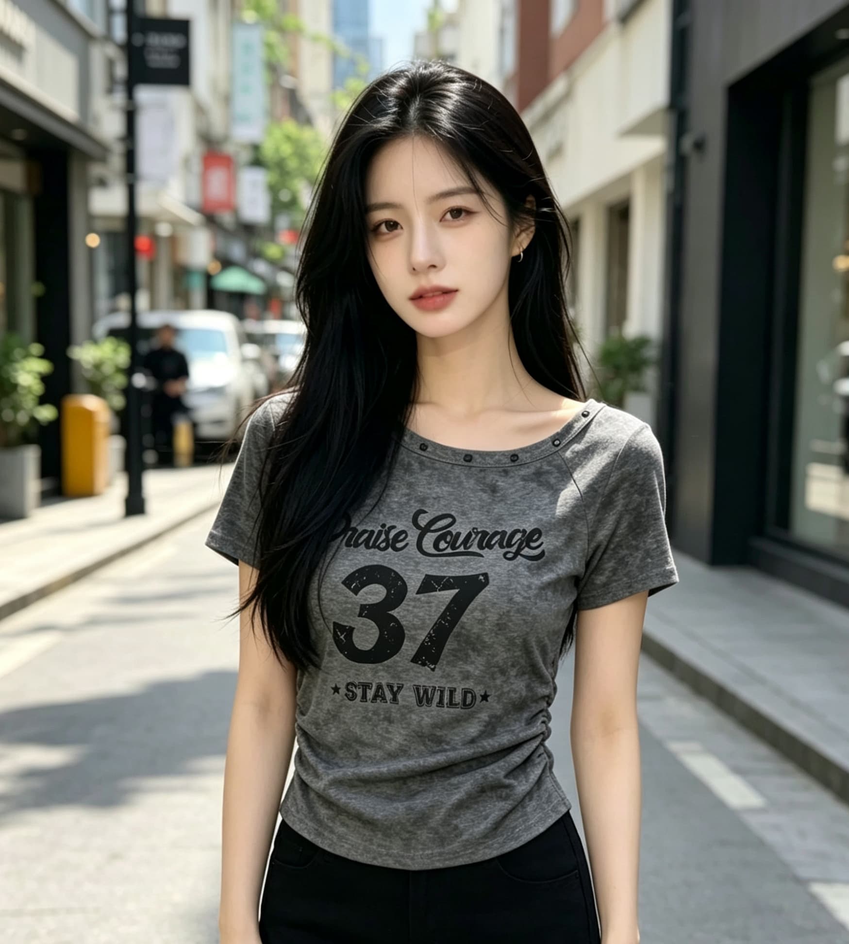 한국 스타일 홀치기 염색 오프숄더 반팔 티셔츠 여성 2025 여름 새로운 핫걸 몸매 가꾸기 슬림해 보이는 오프숄더 맨위 상세 이미지 3