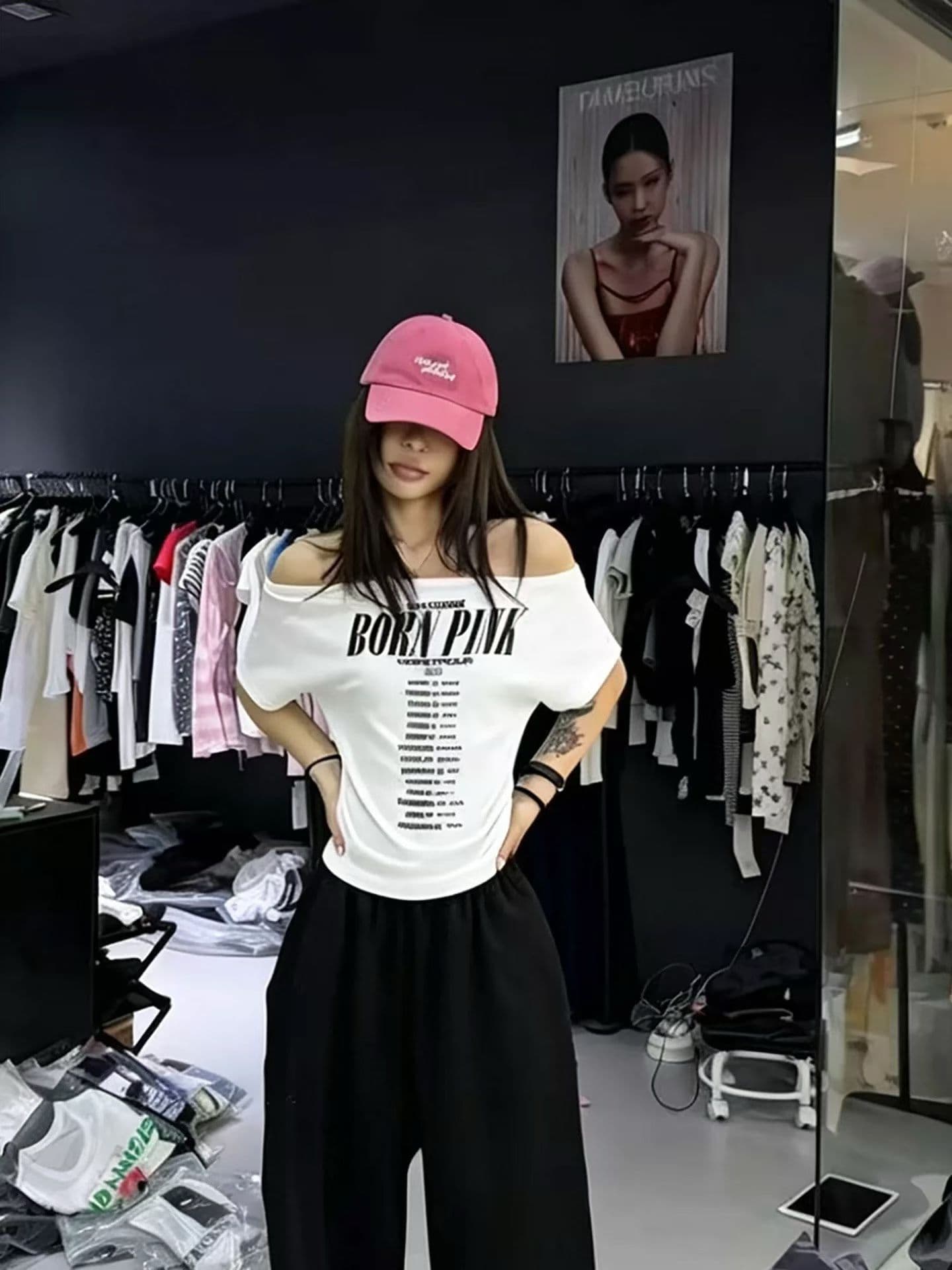 아메리칸 순수한 욕망 핫걸 비스듬한 어깨 알파벳 프린트 반팔 티셔츠 여성 여름 캐주얼 다용도 전후 둘 착용 ins 맨위
