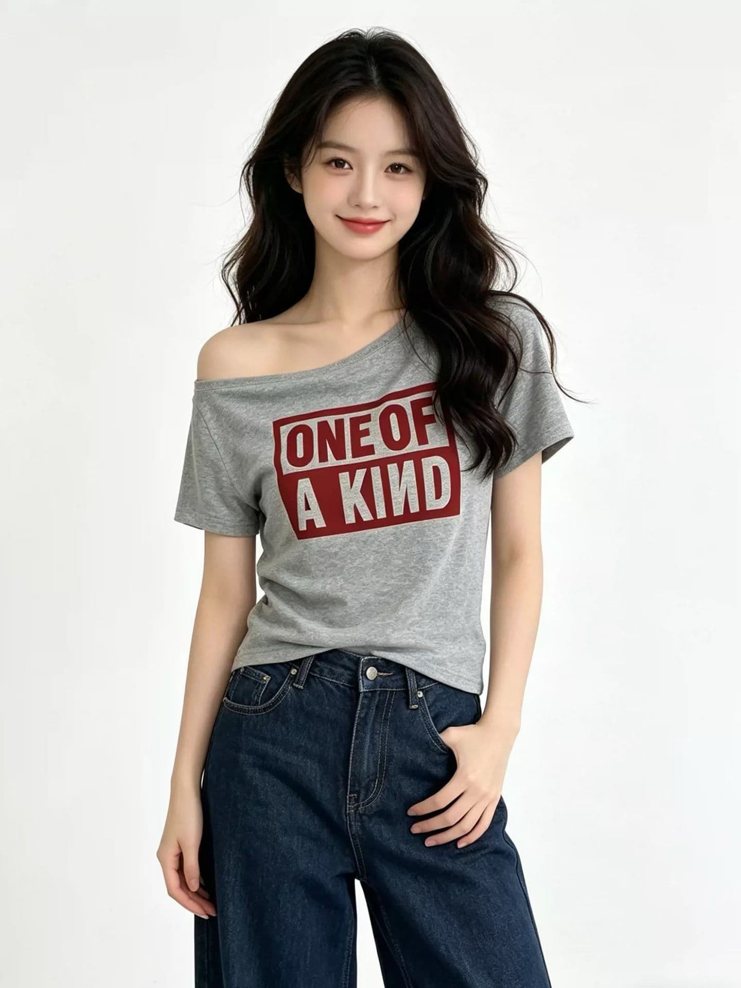 아메리칸 핫걸 순수한 욕망 알파벳 프린트 비스듬한 어깨 반팔 티셔츠 여성 여름 캐주얼 연령 감소 고유 한 아름다운 ins 맨위 상세 이미지 2