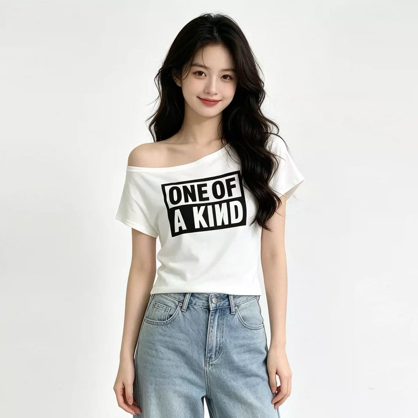 아메리칸 핫걸 순수한 욕망 알파벳 프린트 비스듬한 어깨 반팔 티셔츠 여성 여름 캐주얼 연령 감소 고유 한 아름다운 ins 맨위 상세 이미지 3