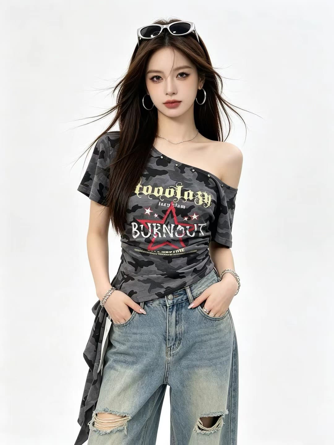 아메리칸 레트로 순수한 욕망 핫걸 카모플라주 프린트 비스듬한 어깨 반팔 티셔츠 여성 밑단 리본 고유 한 디자인 센스 맨위 상세 이미지 2