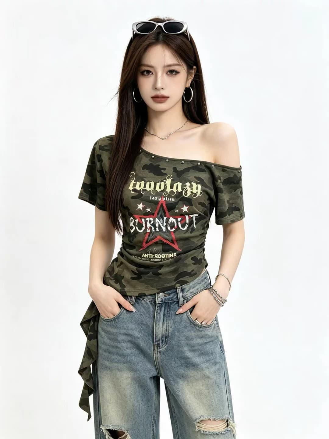 아메리칸 레트로 순수한 욕망 핫걸 카모플라주 프린트 비스듬한 어깨 반팔 티셔츠 여성 밑단 리본 고유 한 디자인 센스 맨위 상세 이미지 4