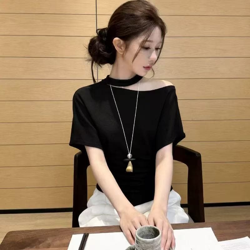 밝은 노란색 행침 목 비스듬한 어깨 허리 수축 반팔 티셔츠 여성 여름 2026 새로운 그레이트 봐 의류 일상 착용 가져 가라. 이미지 2