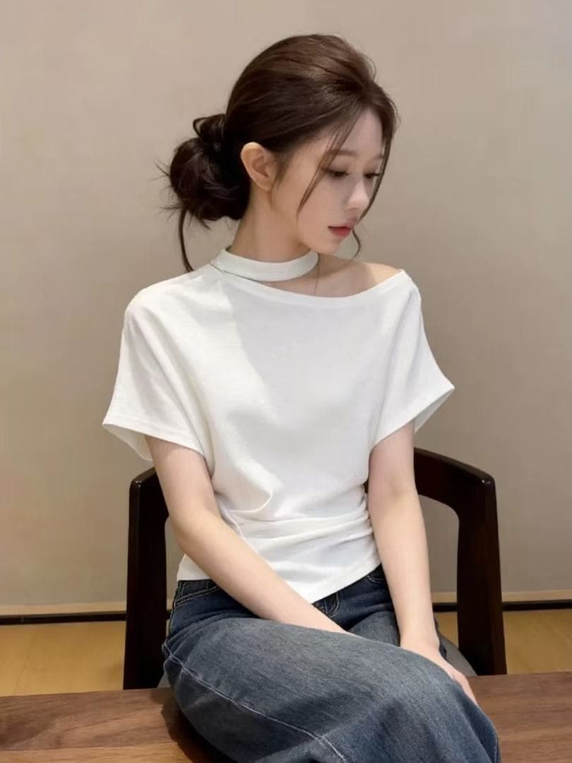 밝은 노란색 행침 목 비스듬한 어깨 허리 수축 반팔 티셔츠 여성 여름 2026 새로운 그레이트 봐 의류 일상 착용 가져 가라. 상세 이미지 3