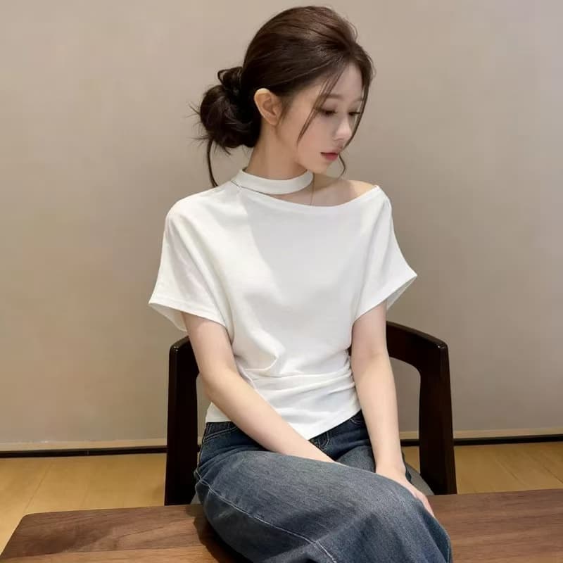 밝은 노란색 행침 목 비스듬한 어깨 허리 수축 반팔 티셔츠 여성 여름 2026 새로운 그레이트 봐 의류 일상 착용 가져 가라. 상세 이미지 6