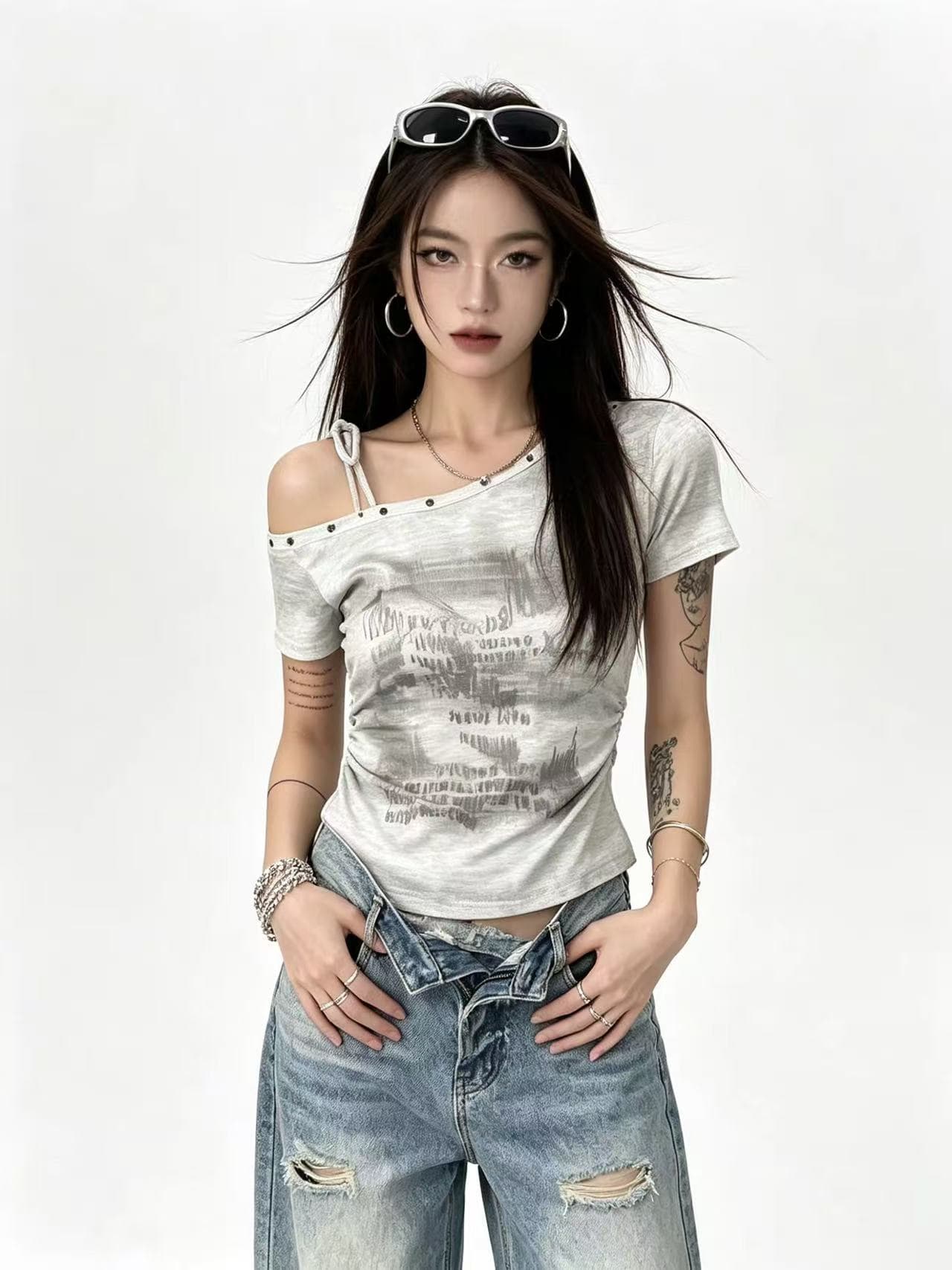 아메리칸 레트로 순수한 욕망 핫걸 비스듬한 어깨 슬립 낙서 프린트 반팔 티셔츠 여성 여름 고유 한 아름다운 ins 맨위 상세 이미지 3
