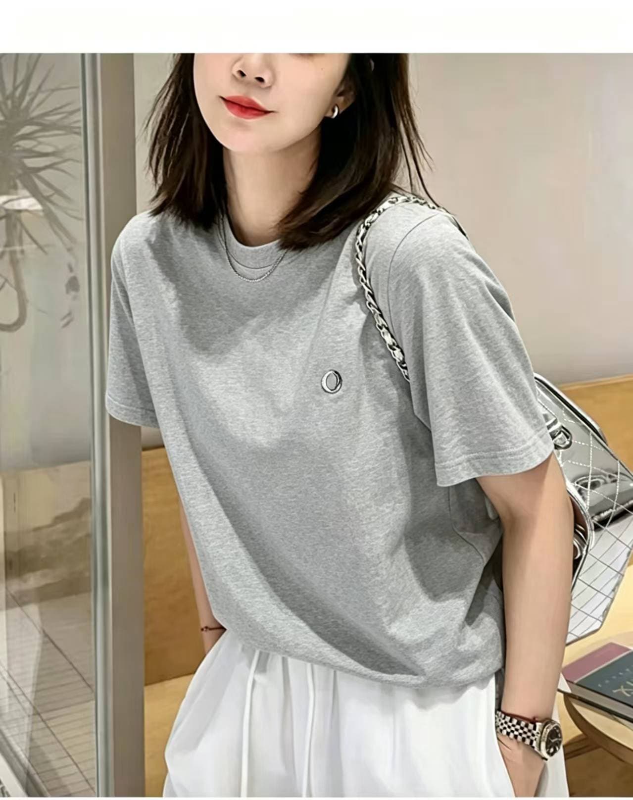 긍정적 인 어깨 반팔 회색 티셔츠 여성 라운드 넥 여름 얇은 스타일 인사이드 가져 가라. 기본 셔츠 루즈핏 빅 사이즈 동정 미니멀리즘 맨위 상세 이미지 1