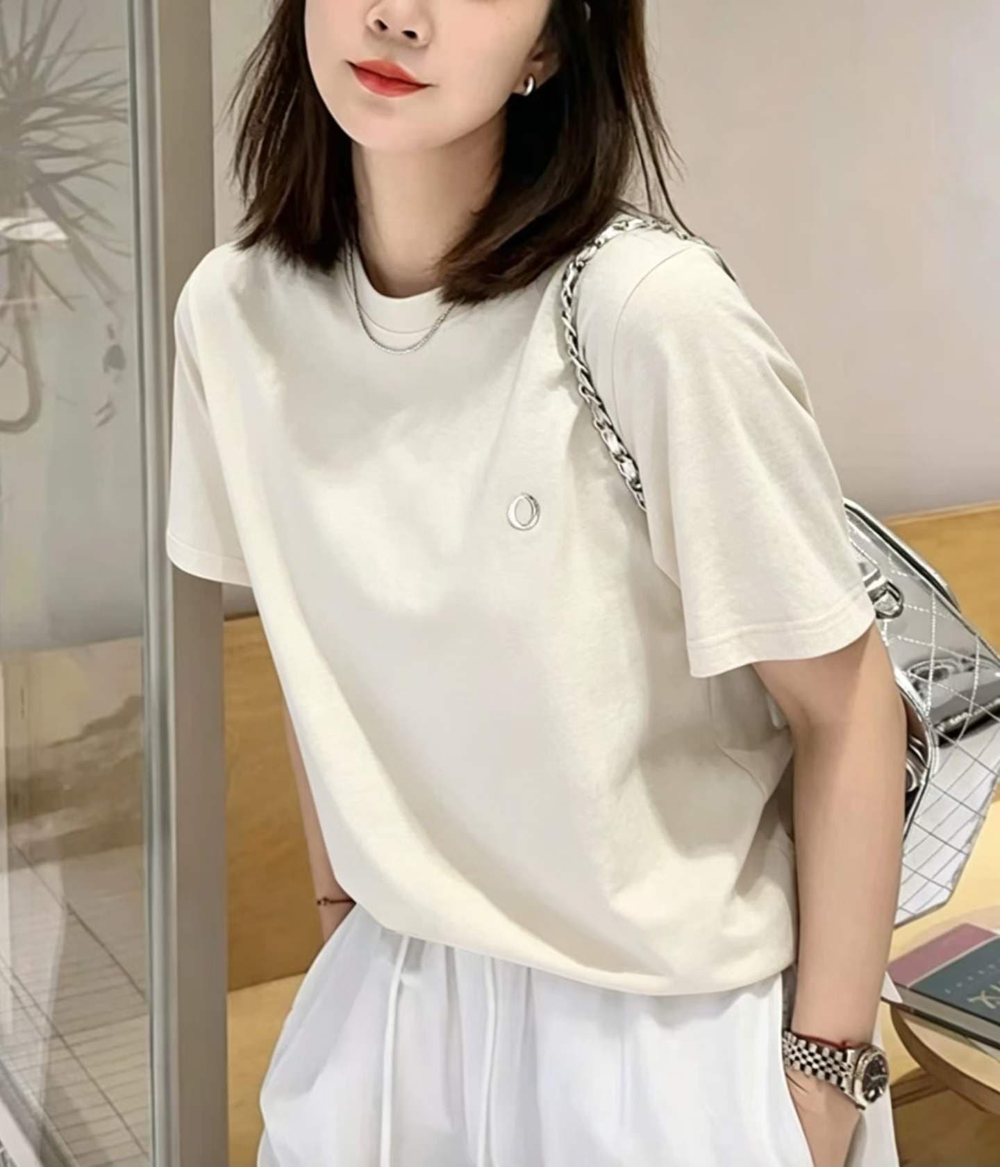 긍정적 인 어깨 반팔 회색 티셔츠 여성 라운드 넥 여름 얇은 스타일 인사이드 가져 가라. 기본 셔츠 루즈핏 빅 사이즈 동정 미니멀리즘 맨위 상세 이미지 5