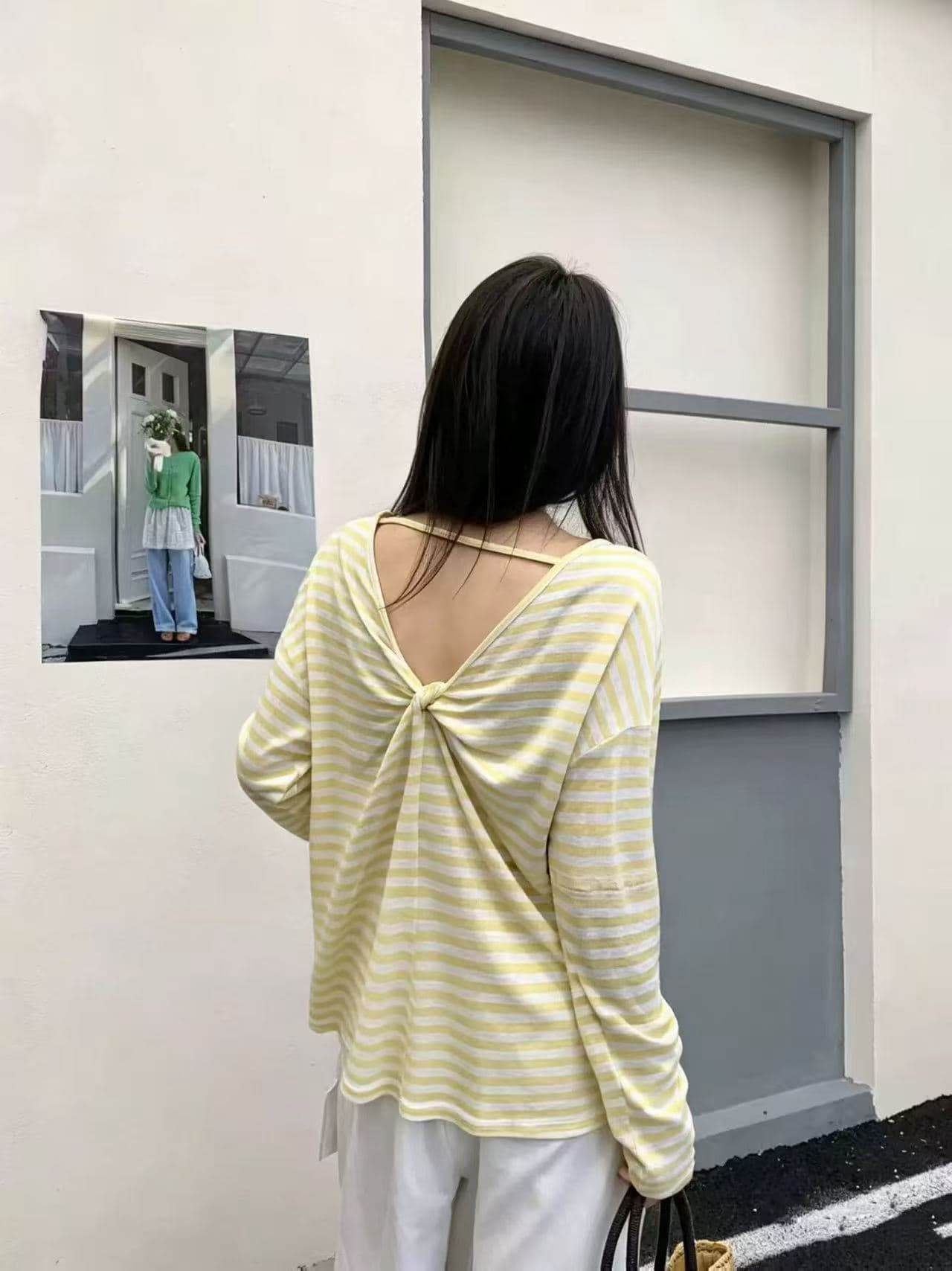 한국 스타일 루즈핏 느긋한 매듭 디자인 센스 스트라이프 라운드 넥 자외선 차단 긴팔 티셔츠 여성 얇은 스타일 슬림해 보이는 블라우스 맨위 이미지 2