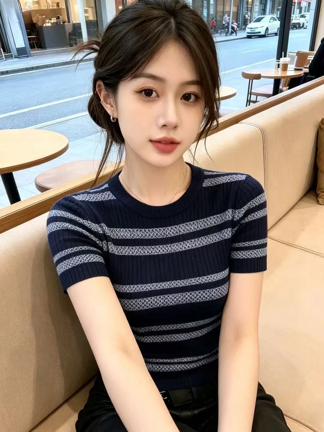 한 부서 라운드 넥 스트라이프 배색 반팔 니트 스웨터 여성 2026 여름 새로운 몸매 가꾸기 슬림해 보이는 패션 외국 가스 맨위 이미지 3