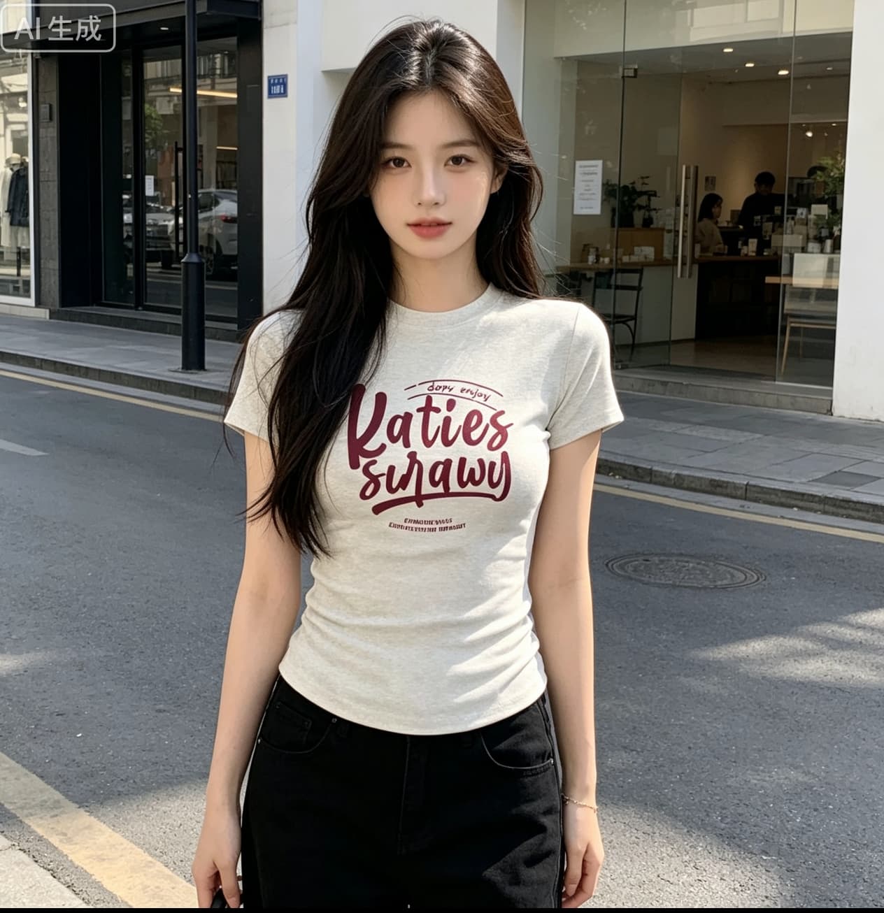 한국 스타일 알파벳 프린트 반팔 티셔츠 여성 검정색 몸매 가꾸기 라운드 넥 순면 다용도 학원 스타일 긍정적 인 어깨 쇼트 스타일 맨위