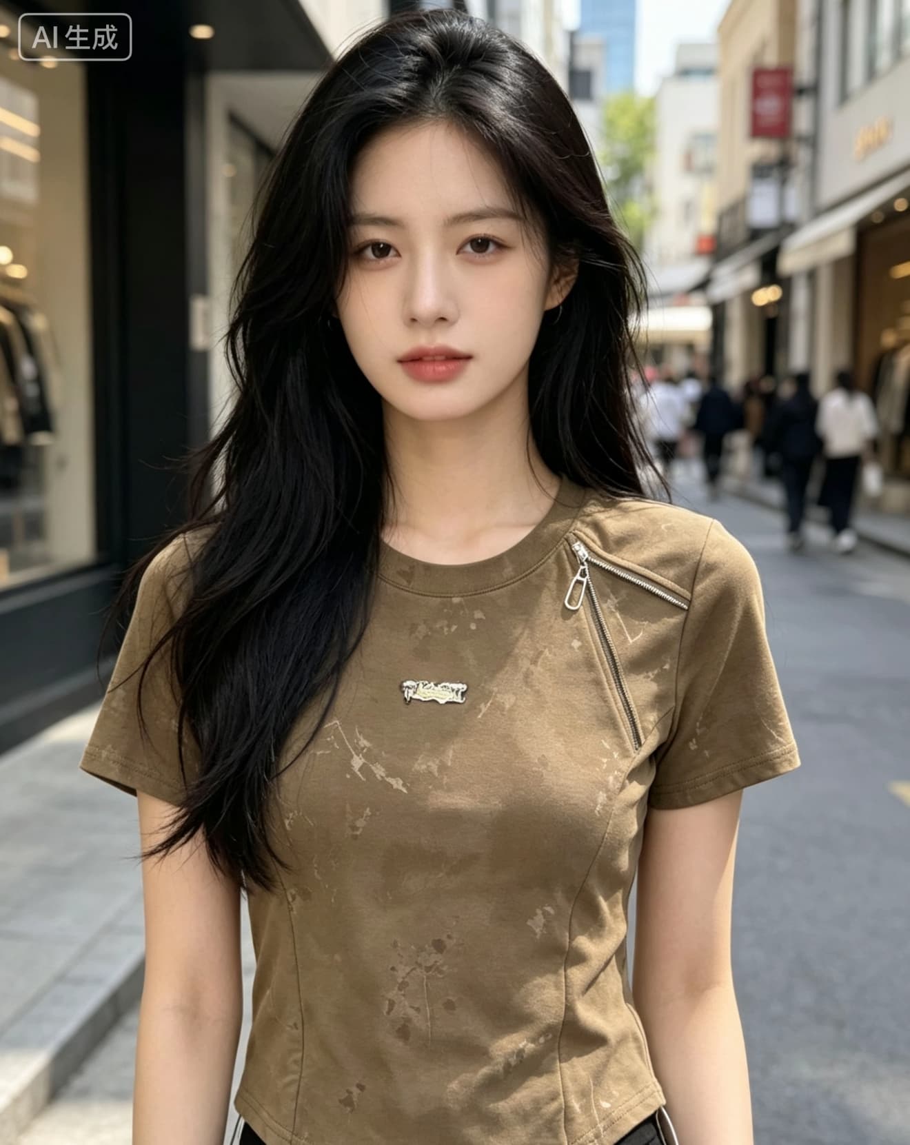 달콤한 핫걸 지퍼 디자인 라운드 넥 반팔 티셔츠 여성 여름 홍콩 스타일 긍정적 인 어깨 고유 한 Chic 몸매 가꾸기 슬림해 보이는 맨위 이미지 3