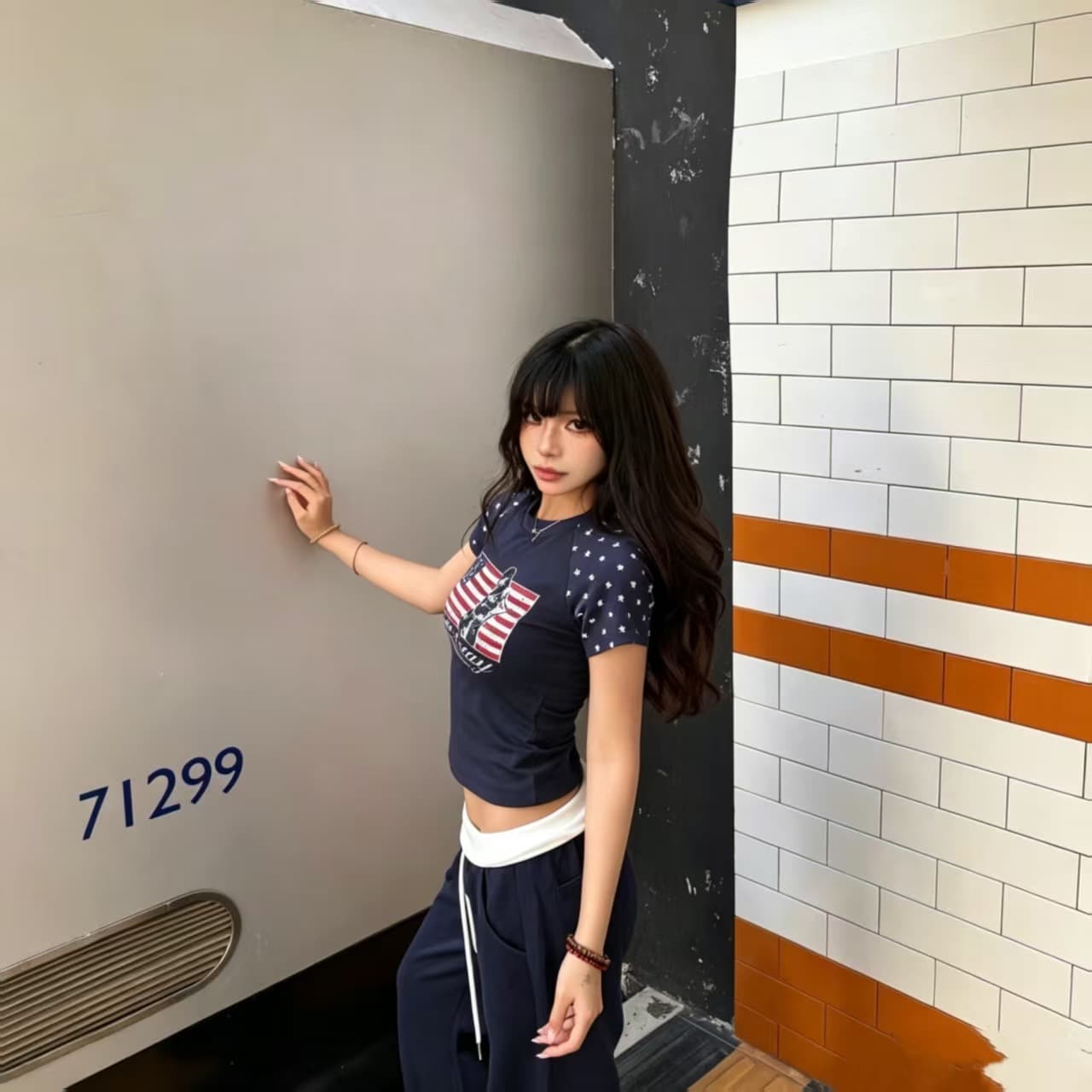 아메리칸 레트로 배너 프린트 별 삽입 어깨 라운드 넥 반팔 티셔츠 여성 여름 차가운 매운맛 몸매 가꾸기 작은 맨위 상세 이미지 4