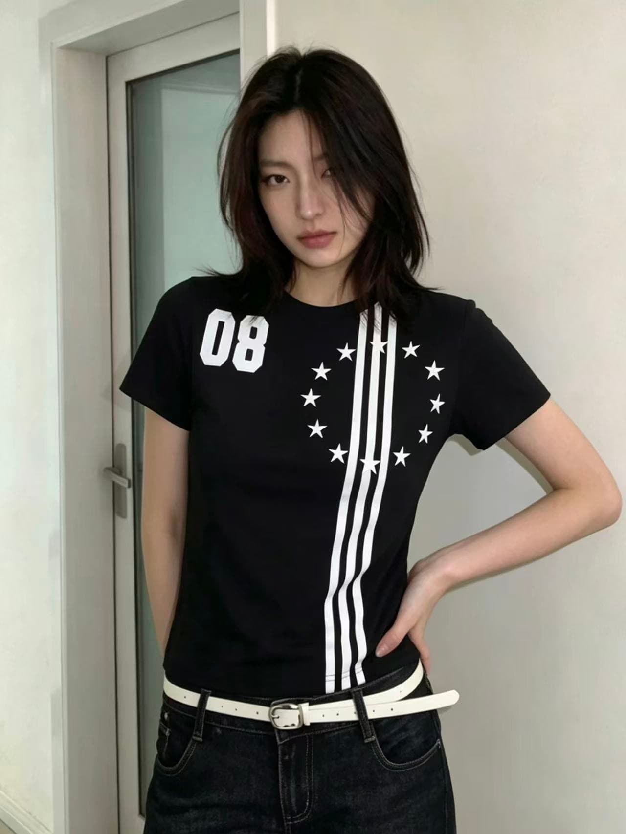아메리칸 레트로 거리 별 스트라이프 프린트 긍정적 인 어깨 반팔 티셔츠 여성 2026 여름 새로운 몸매 가꾸기 슬림해 보이는 맨위 상세 이미지 5