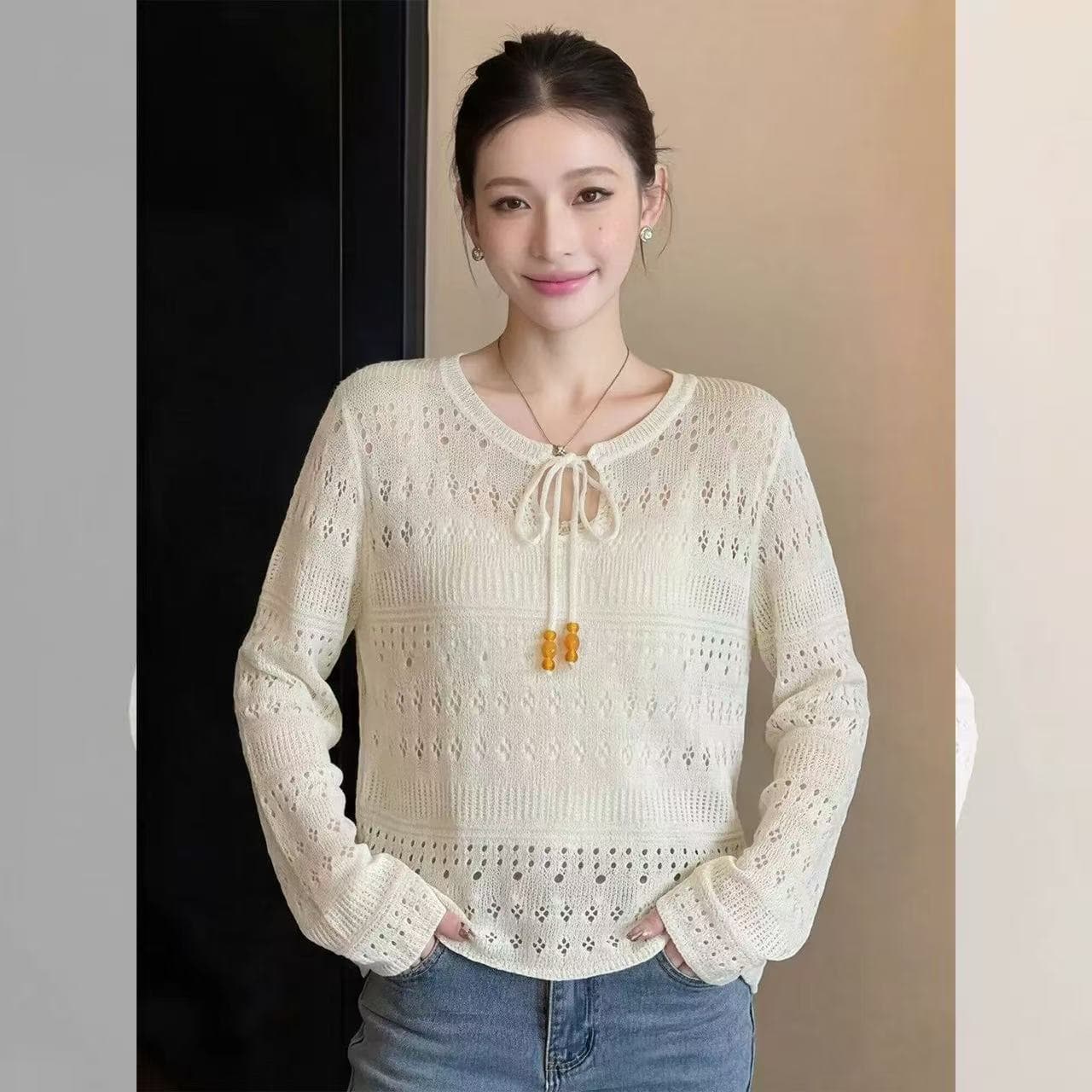 파란색 레이스업 홀로우 아웃 니트 스웨터 여성 봄 여름 루즈핏 슬림해 보이는 얼음 실크 얇고 가벼운 긴팔 자외선 차단 블라우스 맨위