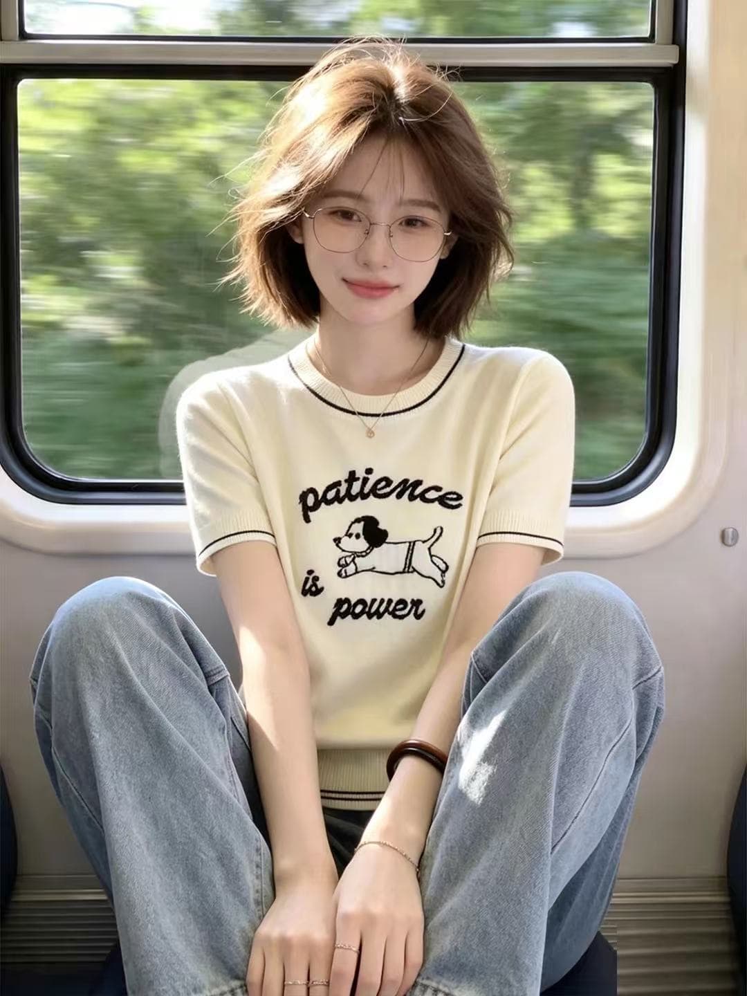 한 부서 강아지 알파벳 반팔 니트 스웨터 2026 여름 몸매 가꾸기 슬림해 보이는 패션 외국 가스 연령 감소 쇼트 스타일 맨위 트렌디 이미지 3