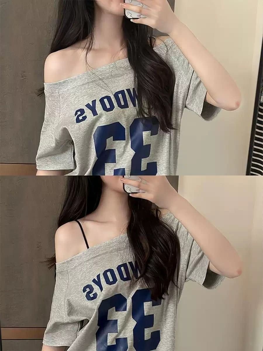 아메리칸 레트로 학원 스타일 비스듬한 어깨 면 소재 반팔 티셔츠 여성 여름 oversize 디자인 센스 작은 대중 오프숄더 맨위 상세 이미지 1