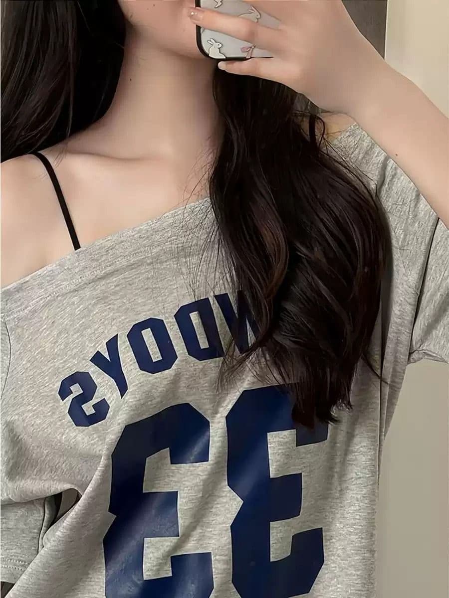 아메리칸 레트로 학원 스타일 비스듬한 어깨 면 소재 반팔 티셔츠 여성 여름 oversize 디자인 센스 작은 대중 오프숄더 맨위 상세 이미지 3