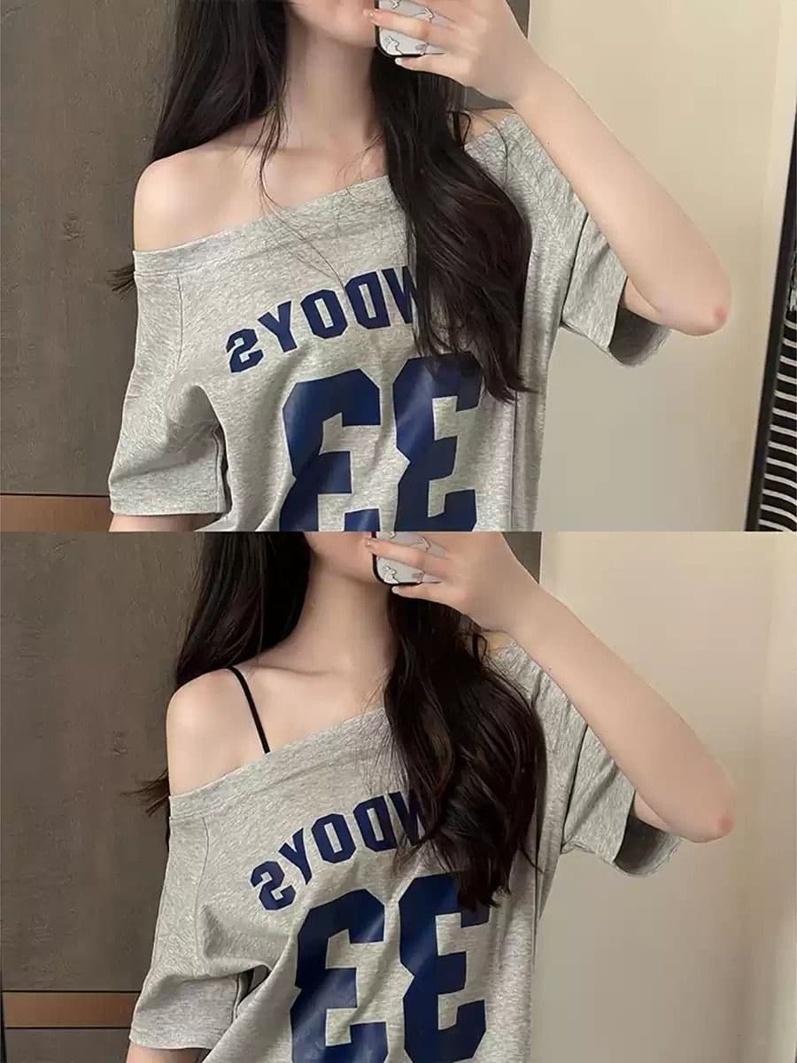 아메리칸 레트로 학원 스타일 비스듬한 어깨 면 소재 반팔 티셔츠 여성 여름 oversize 디자인 센스 작은 대중 오프숄더 맨위 상세 이미지 4
