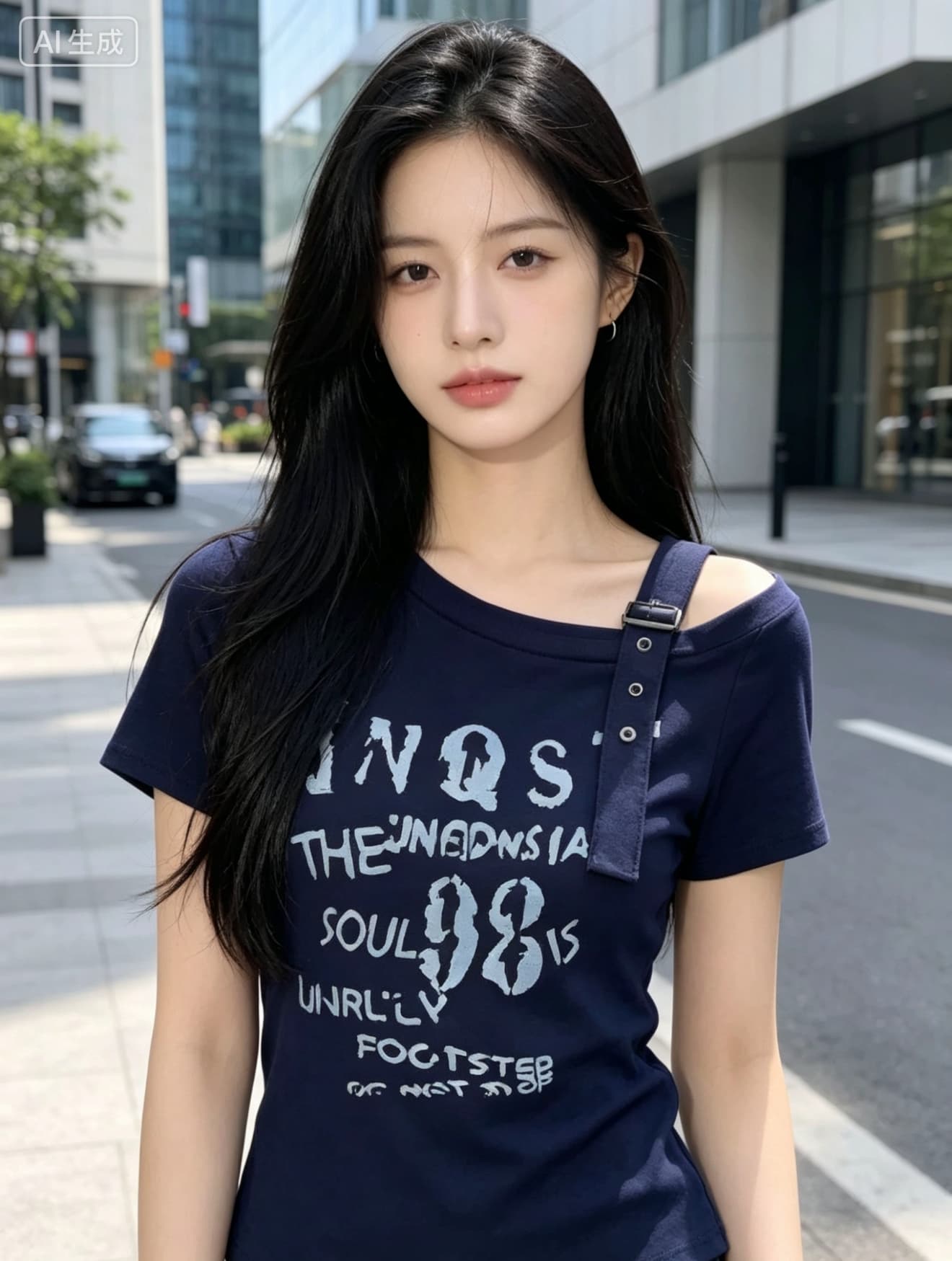 한 부서 2026 여름 새로운 외국 가스 ins 트렌디 슬림해 보이는 다용도 알파벳 프린트 비스듬한 어깨 반팔 티셔츠 상세 이미지 2