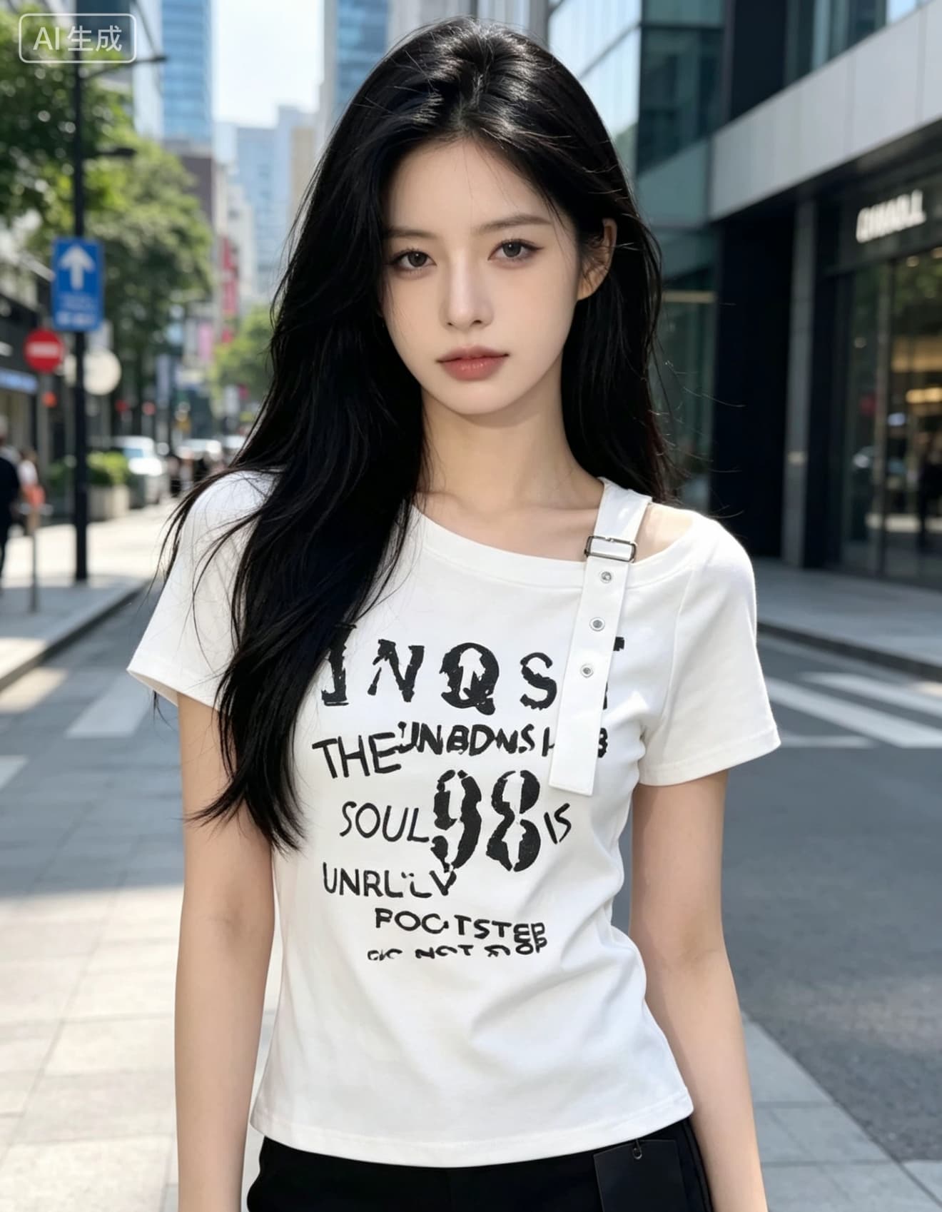 한 부서 2026 여름 새로운 외국 가스 ins 트렌디 슬림해 보이는 다용도 알파벳 프린트 비스듬한 어깨 반팔 티셔츠 상세 이미지 5