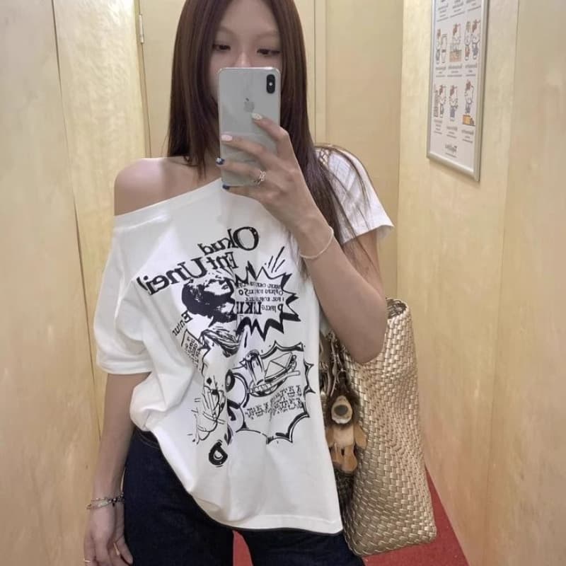 kumikumi 아메리칸 레트로 알파벳 프린트 비스듬한 어깨 반팔 티셔츠 여성 의류 여름 루즈핏 다용도 chic 맨위 상세 이미지 1