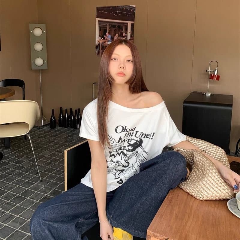kumikumi 아메리칸 레트로 알파벳 프린트 비스듬한 어깨 반팔 티셔츠 여성 의류 여름 루즈핏 다용도 chic 맨위 상세 이미지 4