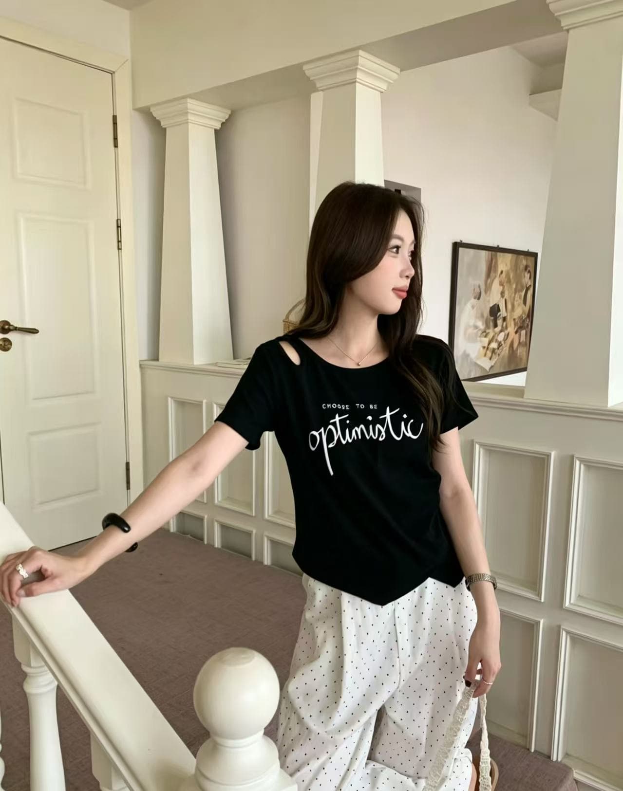한 부서 불규칙 허리 수축 알파벳 프린트 티셔츠 여성용 짧은 소매 작은 오프숄더 t 통기성 긍정적 인 어깨 의류 여성 상세 이미지 1