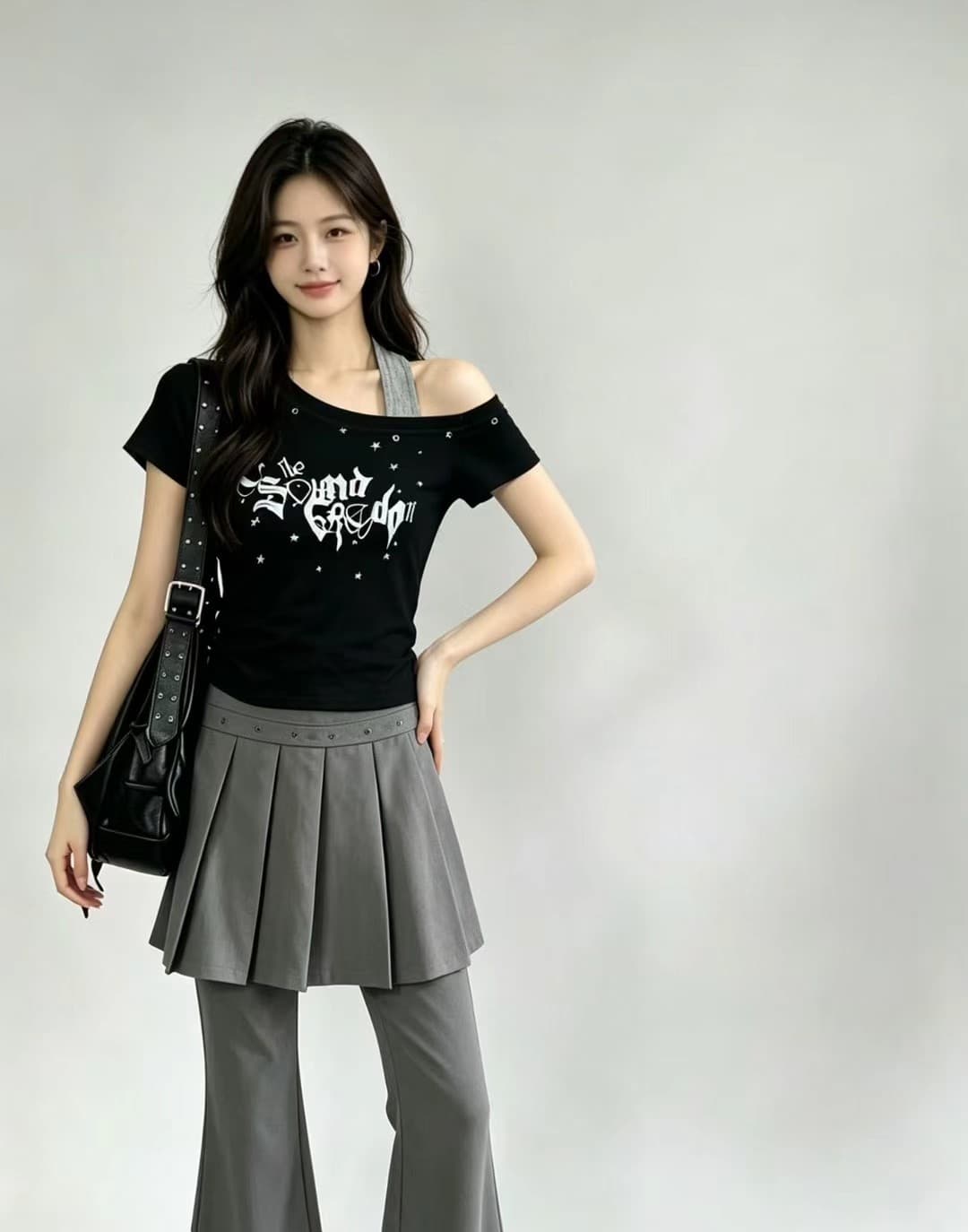 solpaw 빛 아시아 인 그리드 레이 바람 징 알파벳 비스듬한 칼라 반팔 티셔츠 여성 여름 y2k 몸매 가꾸기 슬림해 보이는 맨위 상세 이미지 3