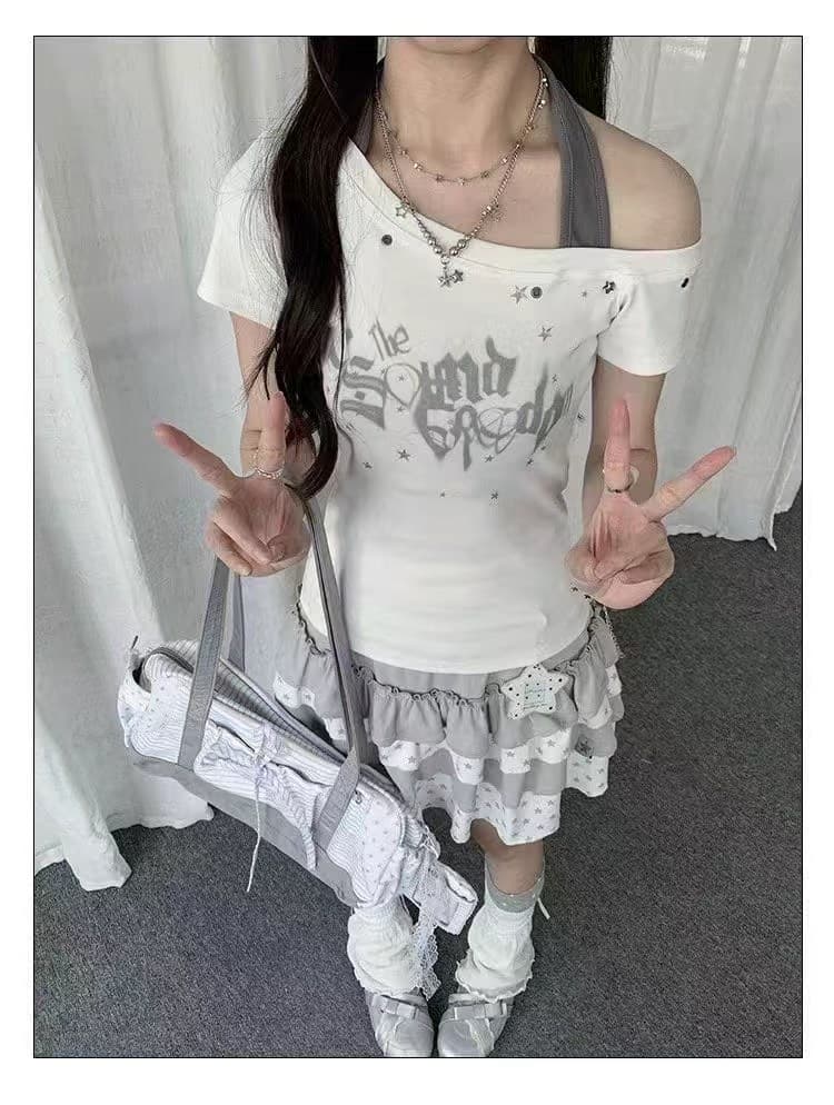 solpaw 빛 아시아 인 그리드 레이 바람 징 알파벳 비스듬한 칼라 반팔 티셔츠 여성 여름 y2k 몸매 가꾸기 슬림해 보이는 맨위 상세 이미지 5