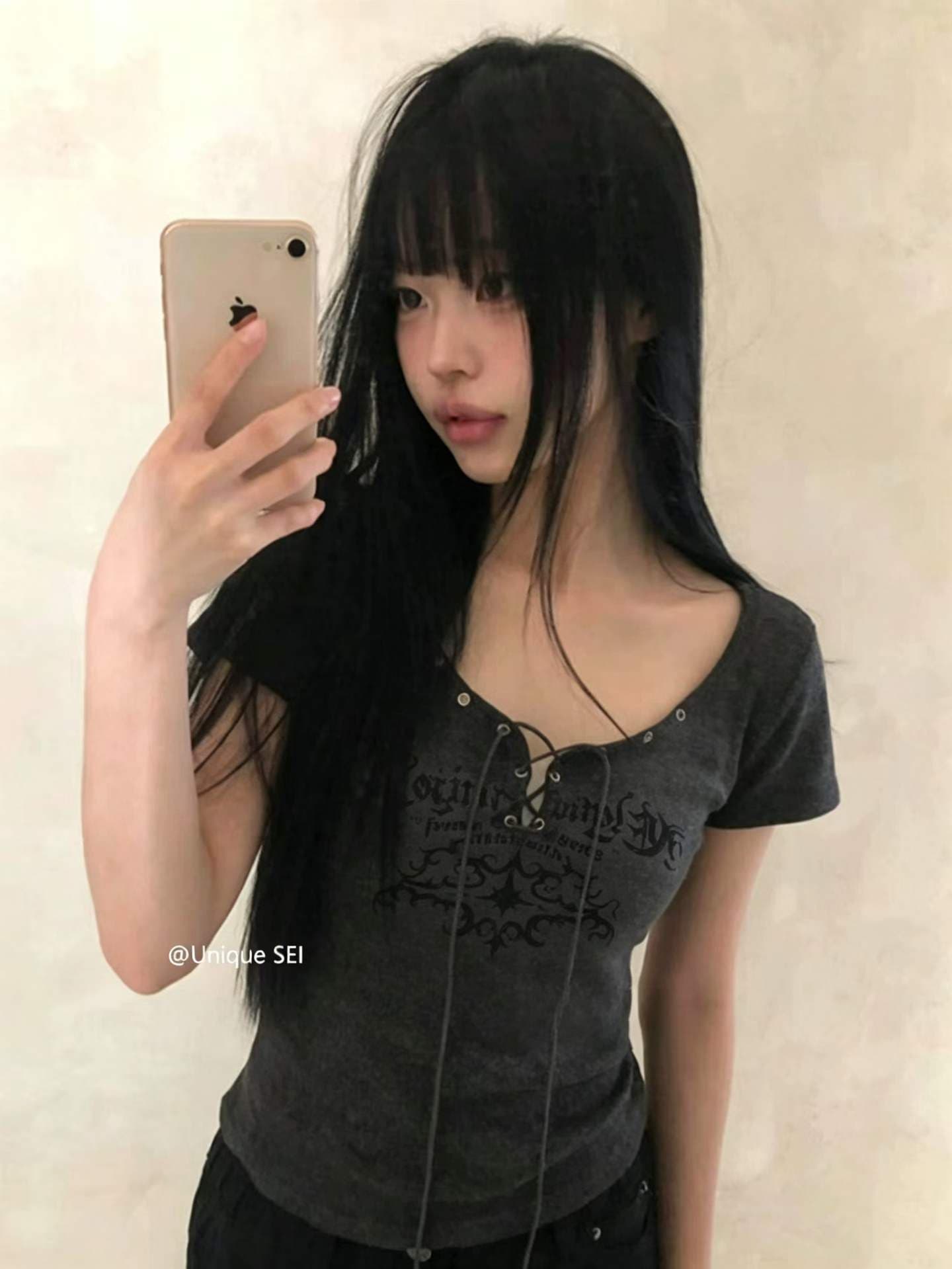 아메리칸 핫걸 바람 펌프 로프 스트랩 알파벳 프린트 여름 다용도 몸매 가꾸기 반팔 티셔츠 맨위 상세 이미지 2