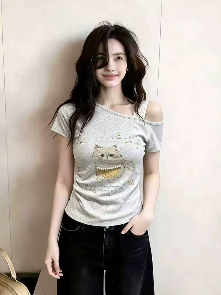 여름 고유 한 Chic 핫걸 불규칙 비스듬한 칼라 오프숄더 반팔 티셔츠 여성 주름 몸매 가꾸기 꼬집기 허리 쇼트 스타일 맨위 상세 이미지 3