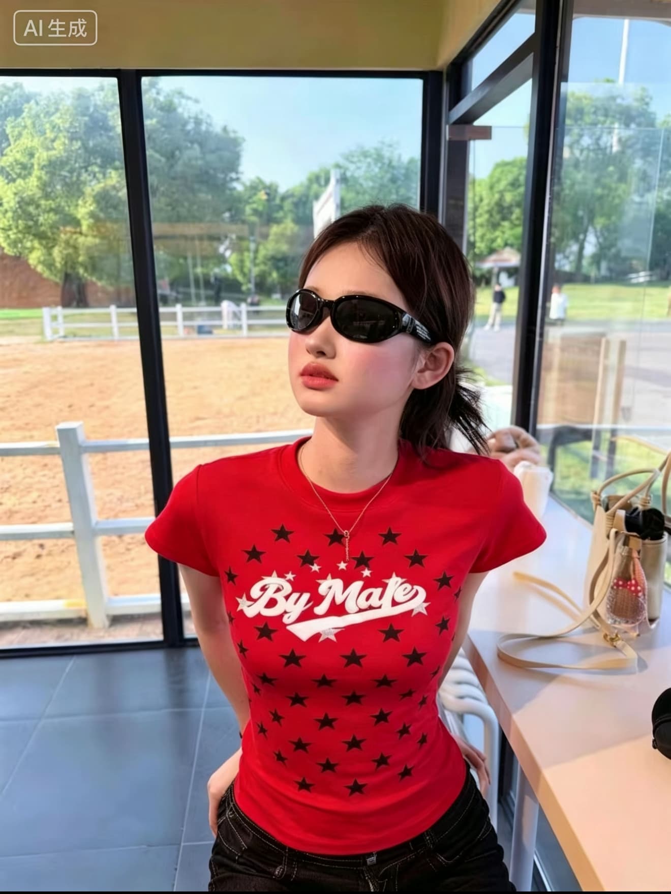 아메리칸 알파벳 별 전체 인쇄 라운드 넥 티셔츠 여성 레저 슬림해 보이는 다용도 반팔 기본 셔츠 이미지 3
