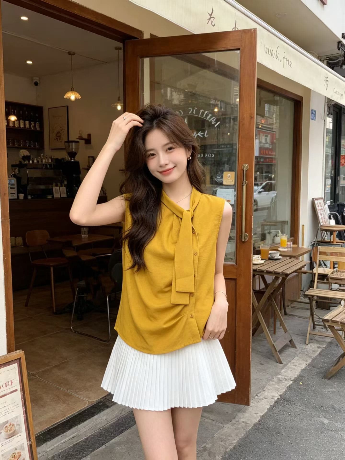 여름 켜기 새로운 한 부서 나비 넥타이 민소매 Chic 민소매 조끼 작은 셔츠 이미지 3
